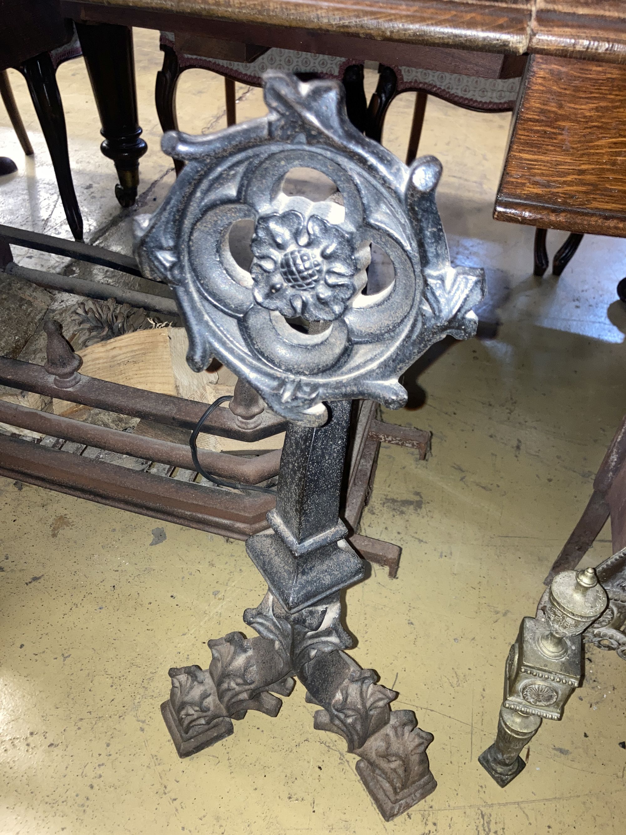 A Gothic revival cast iron fire grate, width 86cm, depth 46cm, height 73cm